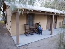 Lisa and Lilia in front of our cabin in Furnace Creek