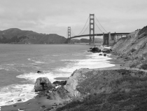 An overcast Golden Gate from Marshall Beach