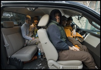 Crammed into the F-150 on the way to the ski hill one morning