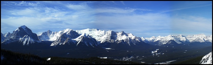 Panorama of the Bow River Valley with Lake Louise in the center, taken from the top of Lake Louise ski resort's gondola