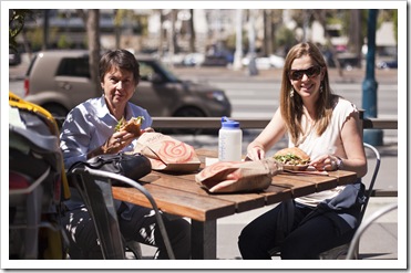 Jenni and Lisa with their porchetta sandwiches