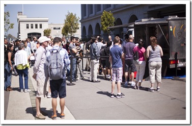 The line for the famous Roli Roti porchetta sandwiches