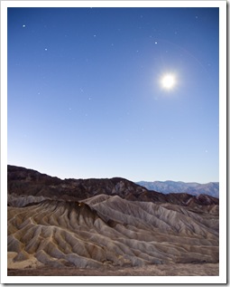 Moonlight over the Panamint Range and Golden Canyon before sunrise from Zabriskie Point