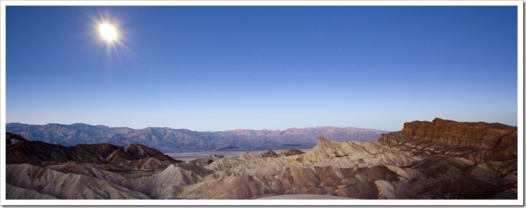 Moonlight over the Panamint Range and Golden Canyon before sunrise from Zabriskie Point