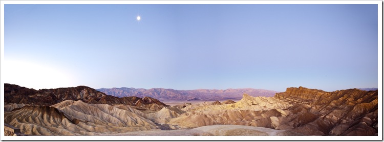Moonlight over the Panamint Range and Golden Canyon at sunrise from Zabriskie Point