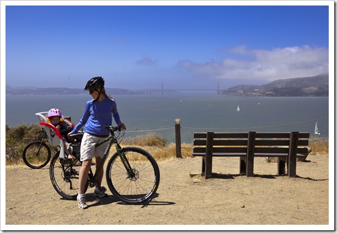 Lilia and Lisa on Angel Island with the Golden Gate Bridge in the distance