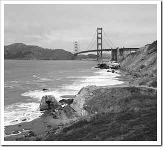 An overcast Golden Gate from Marshall Beach