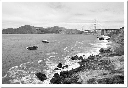 An overcast Golden Gate from Marshall Beach