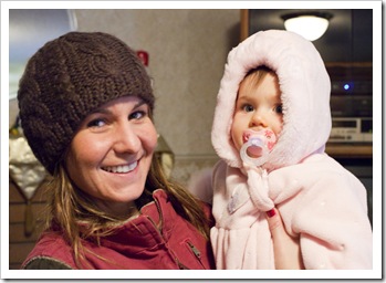 Lilia all bundled up for a walk with Katrina and Luke