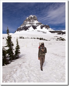 Sam and Lilia hiking to Hidden Lake with Clements Mountain in the background