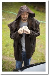Sam cooking BBQ breakfast in the rain