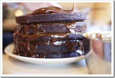 Lisa's six layer chocolate and salted caramel cake before being iced