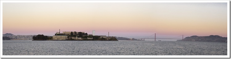 Alcatraz Island and the Golden Gate Bridge at sunrise