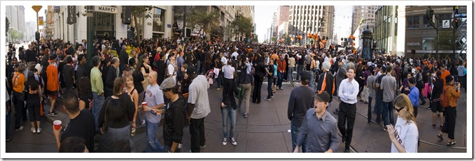 Panoramic looking west on Market Street at Second