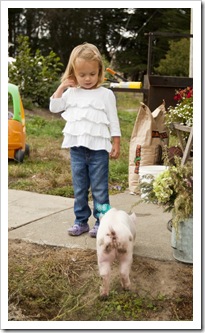 Gianna getting to know her new pig