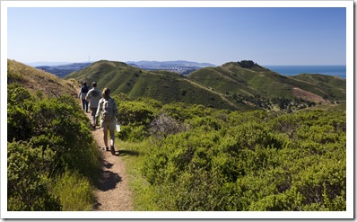 Lisa, Greg and Carol at the beginning of the SCA Trail with San Francisco in the background