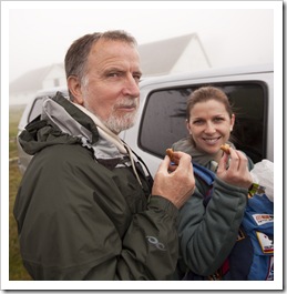 Greg and Lisa snacking on a chocolate chip cookie before we started walking