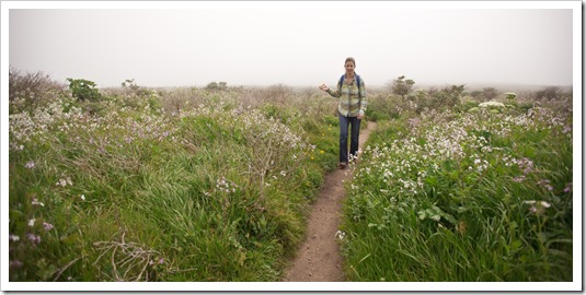 Lisa walking through the wildflowers