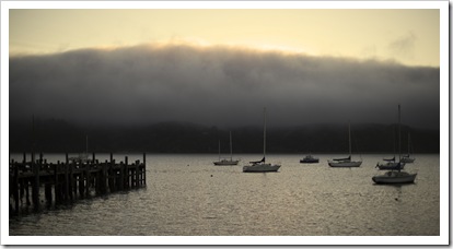 The fog rolling in over Tomales Bay